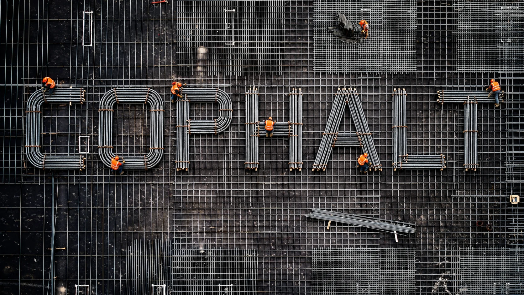 Overhead construction site with steel reinforcing bars spelling COPHALT